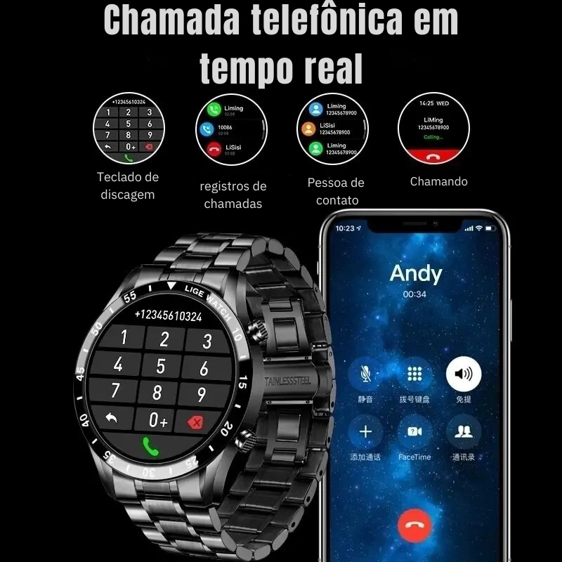 LIGE-Relógio Inteligente Masculino - Touch Screen, Bluetooth + CINTO DE BRINDE - (DESCONTO ENCERRA HOJE ÁS 23:59)