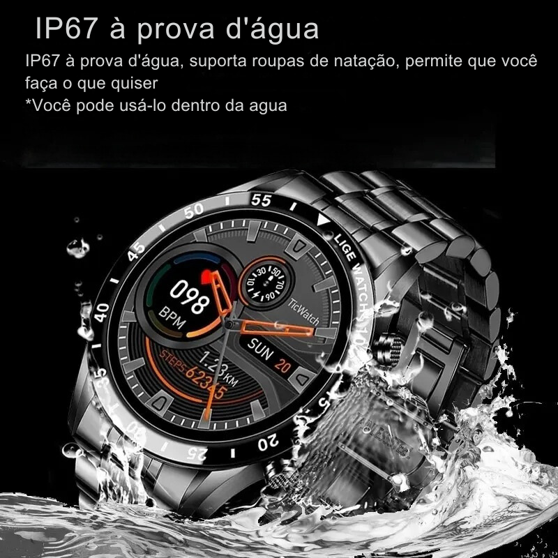 LIGE-Relógio Inteligente Masculino - Touch Screen, Bluetooth + CINTO DE BRINDE - (DESCONTO ENCERRA HOJE ÁS 23:59)